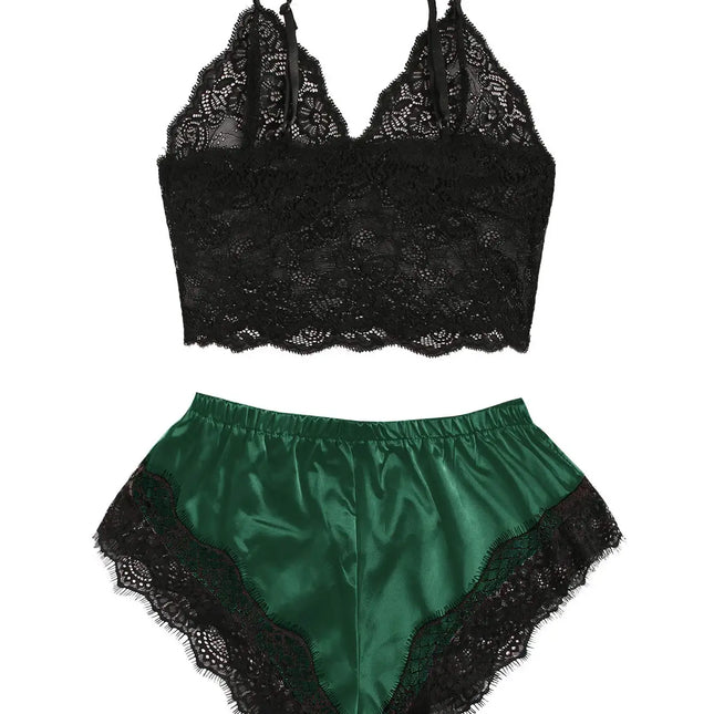 Women's 2 Piece Sexy Lace Pajama Set See-Through Bralette Cami Top and Shorts Breathable Sleepwear Plus Size Summer Lingerie