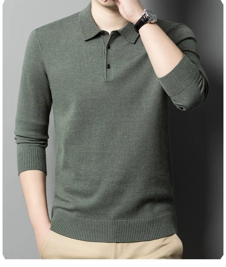Autumn and Winter New Warm Soft Pullover Men's Business Lapel Knitwear Casual Solid Color Long Sleeve Polo Shirt Office