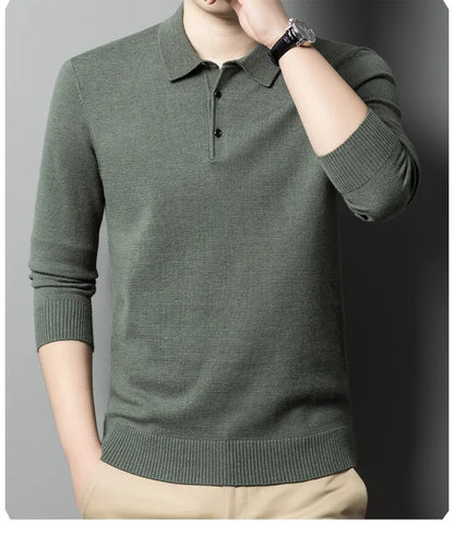 Autumn and Winter New Warm Soft Pullover Men's Business Lapel Knitwear Casual Solid Color Long Sleeve Polo Shirt Office