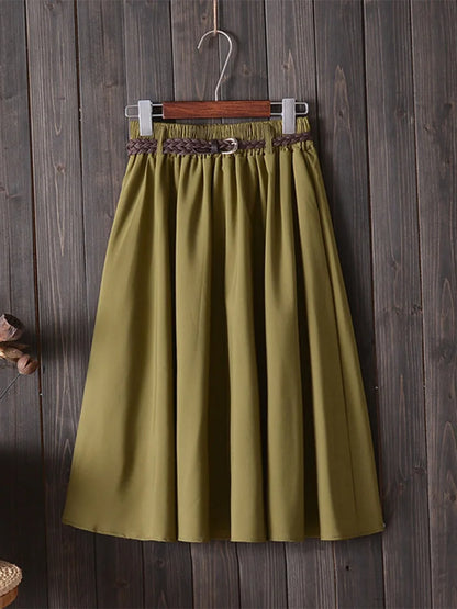 Midi Knee Length Summer Skirt Women With Belt Fashion Korean Ladies High Waist Pleated A-line School Skirt Female