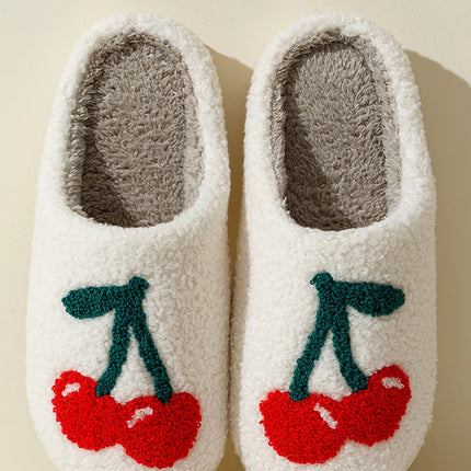 Super Cute Cherries Plush House Slippers for Women, Comfy Home Shoes, Flat Slip-on Slides, Platforms, Winter Slippers
