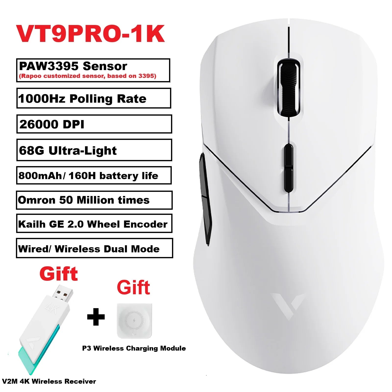 Rapoo VT9PRO PAW3398 Wireless Gaming Mouse 26000DPI 68g Lightweight Wired Wireless Mouse 160H Super Long Battery Life
