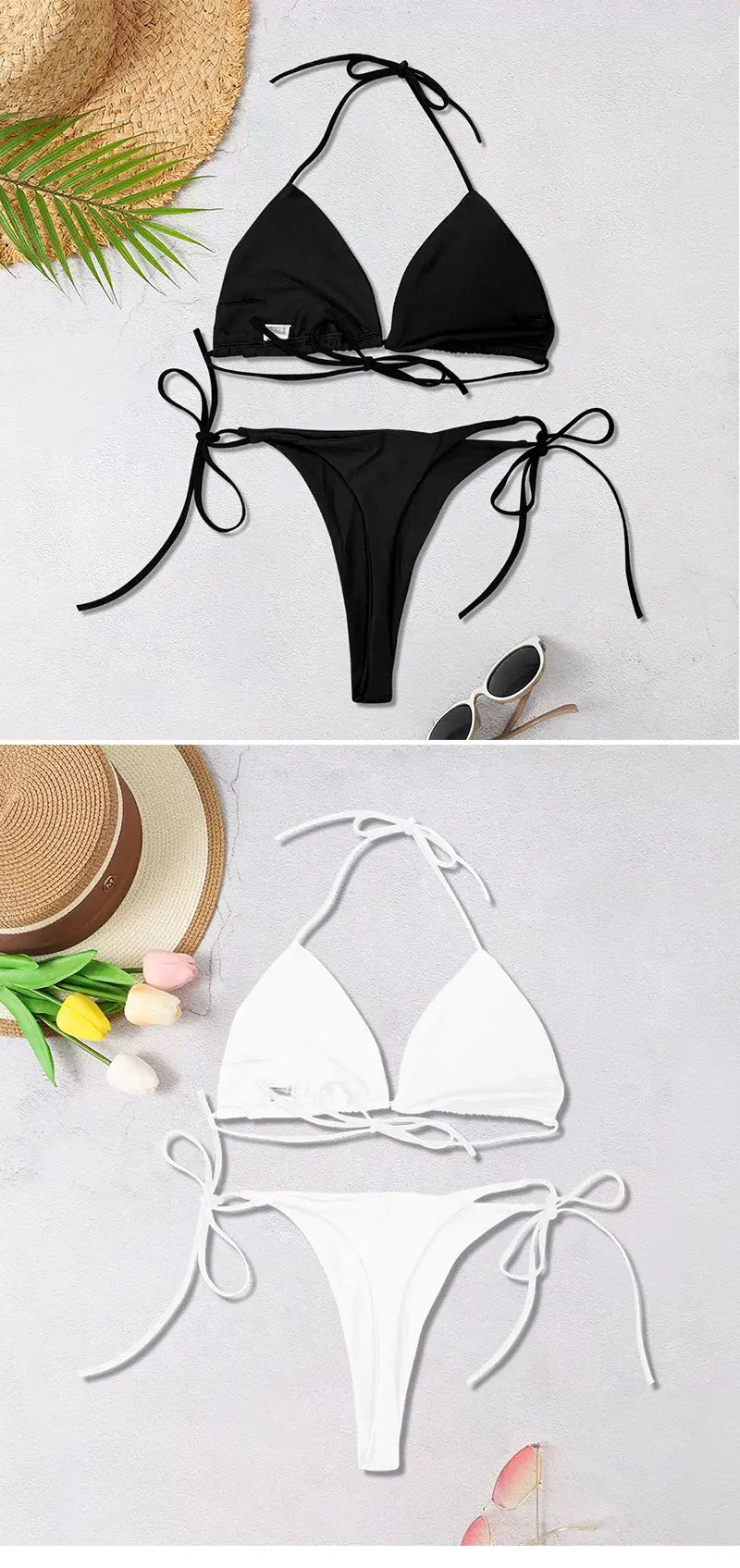 2025 New Women's Solid-color Separate Beach Wear Sexy Halter Three-point Bikini Backless Adjustable Lace-up Swimsuit