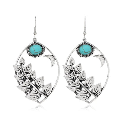 Retro European and American Bohemian leaf earrings, personalized and fashionable Western style turquoise earrings