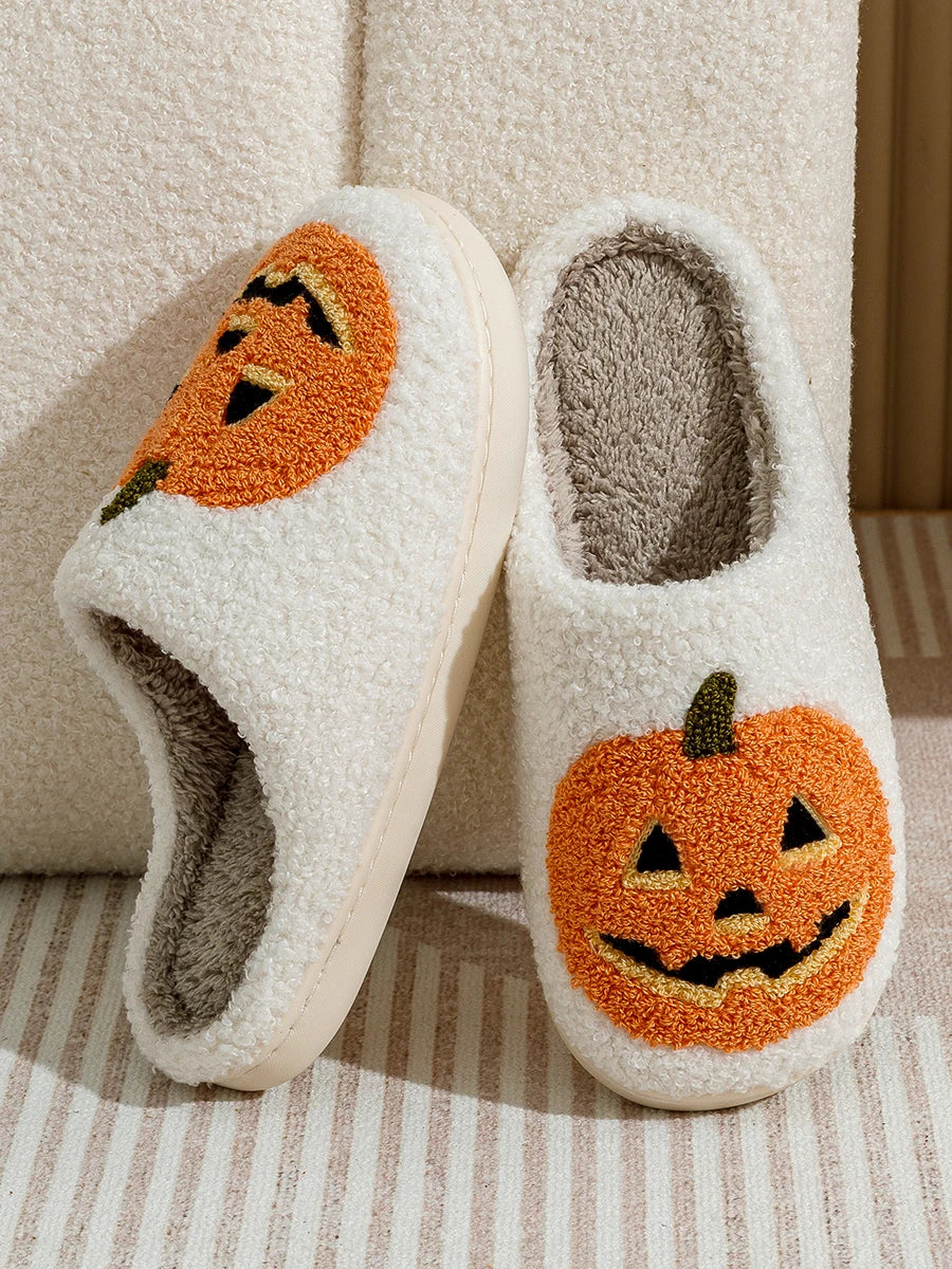 Smile Pumpkin Halloween Women's Slippers Winter Indoor Cartoon Comfort Home Bedroom Soft Causal Flat Plush Shoes for Gift