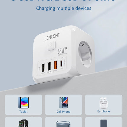 LENCENT Wall Socket Extender with 3 AC Outlets 3 USB Ports And1 Type C 7-in-1 EU Plug Charger On/Off Switch for Home