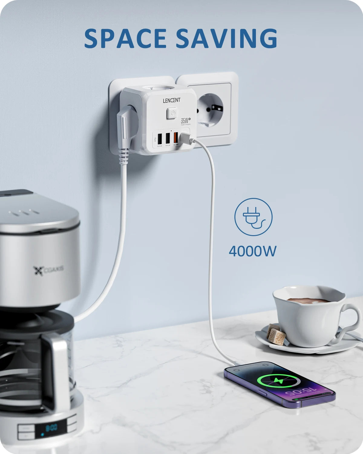 LENCENT EU Plug Power Strip Wall Socket with 3 AC+3 USB QC 18W +1 Type C PD 35W Fast Charger Adapter 7-in-1 Socket On/Off Switch