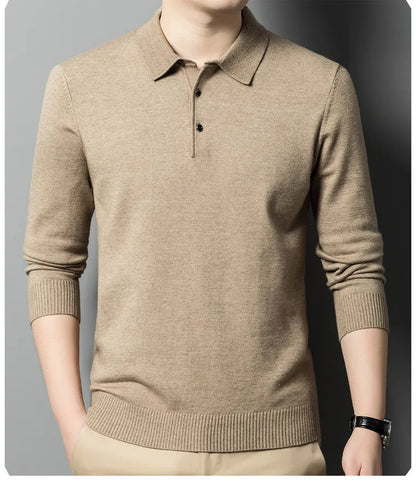 Autumn and Winter New Warm Soft Pullover Men's Business Lapel Knitwear Casual Solid Color Long Sleeve Polo Shirt Office
