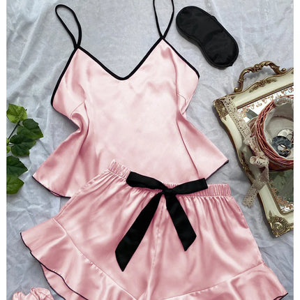 Women's Smooth Satin Pajamas V-Neck T-Shirt Ruffled Edges And Bow Shorts Simple And Breathable Pajama Set Sling Home Clothing