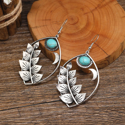 Retro European and American Bohemian leaf earrings, personalized and fashionable Western style turquoise earrings