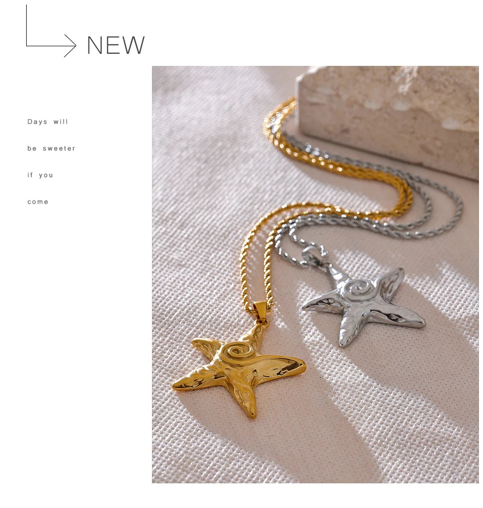 Yhpup 316L Stainless Steel Starfish Pendant Necklace Rust Proof Statement 18K Gold PVD Plated Individualistic Holiday Jewelry