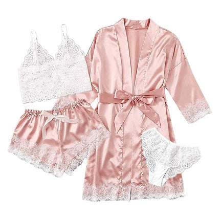 Women's Summer Sexy Pajama Pants Set 4 Pieces Lace Satin With Silk Sleepwear Robe Fashion And Comfortable Nightwear