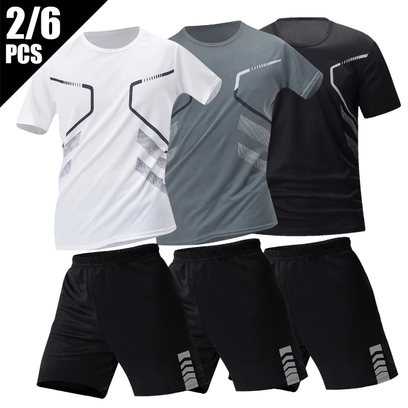 2/6 Pack Plus Size Men's Quick-drying Short-sleeved Shorts Suit Men's Leisure Sports Running Fitness T-shirt Joker Shorts Teen