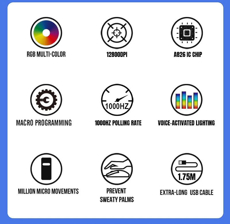 G6 Gaming Mouse Wired 128000DPI ChipA826 RGB Macro-programmable Ergonomic design superior for Gaming and Work