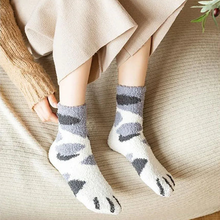 Autumn Winter Coral Velvet Socks Cute Cat Claw Socks For Women Children Girls Middle Tube Thickened Sleep Socks Home Floor Socks