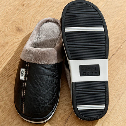 PU Leather Big Sizes Men slippers Indoor Waterproof Fur Flat Men's Winter Home Slipper Cotton Bedroom Houseshoes
