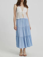 Women'S Patchwork Denim Color Spliced A-Line Skirt Tencel Big Swing Long Thin Skirt