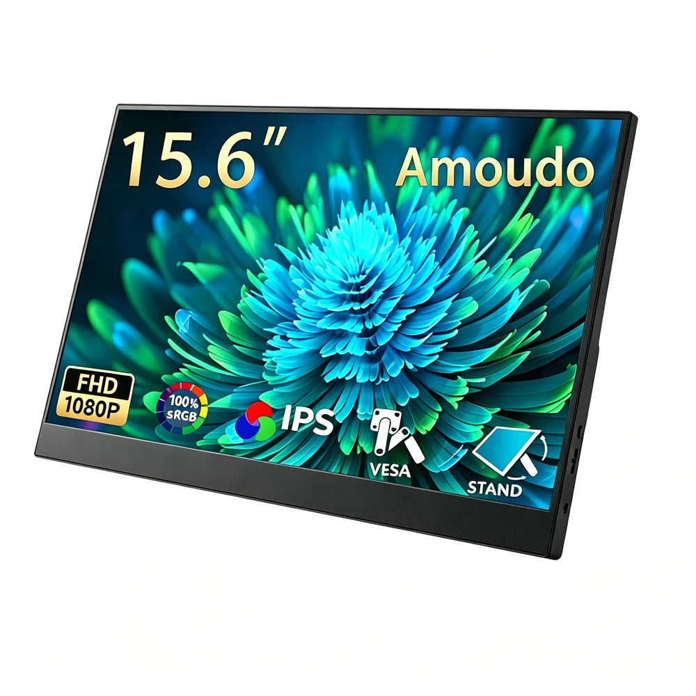 Amoudo 15.6 Inch 1920x1080P  60HZ Portable Monitor Extend Display IPS LCD Panel Penhole Stand VESA USBC Mini HDMI Mobile Display Portable Monitor