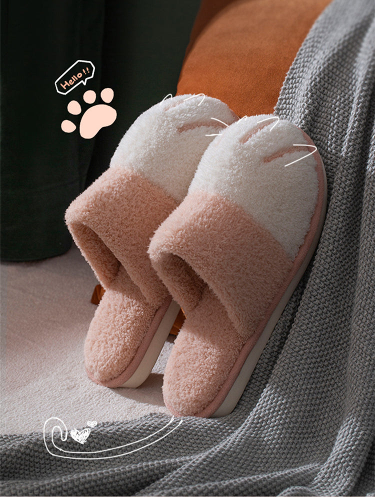 BEVERGREEN Winter Cute Cat Paw Designer House Women Fur Slippers Floor Mute Bedroom Lovers Warm Plush Shoes Indoor Fluffy Slides