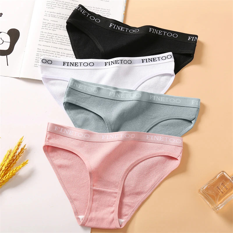 FINETOO 4Pcs Cotton Striped Underwear Women's Panties Letter Belt Briefs Ladies Low Waist Lingerie Solid Breathable Underpants