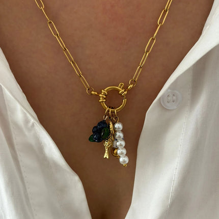 Peri'sbox Statement Trendy Imitation Pearl Grape Blueberry Shell Pendant Necklace for Women Stainless Steel Creative Accessories