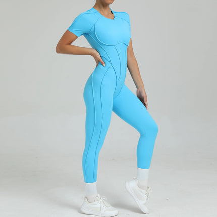 Women's One-Piece Suit Zipper Short Sleeve Gym Push Up Workout Clothes Fitness Short Bodysuit Sportswear Jumpsuits