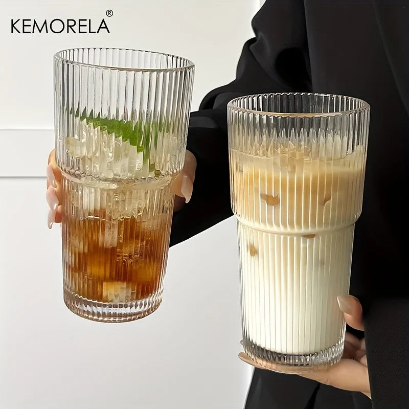 600ML Stripe Glass Coffee Cup With Lid and Without Cover Straw Transparent Drinking Glasses for Juice Iced Coffee Mugs Drinkware