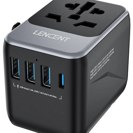 LENCENT Universal Travel Adapter with 3 USB Ports 1Type-C PD Charging All-in-one Travel Adapter EU/UK/USA/AUS Plug for Travel