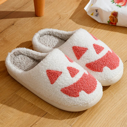 Women Slippers Halloween Pumpkin Smiling Face Funny Winter Warm Indoor Light Soft Sole Non-slip Bedroom Comfy Flat Cotton Shoes