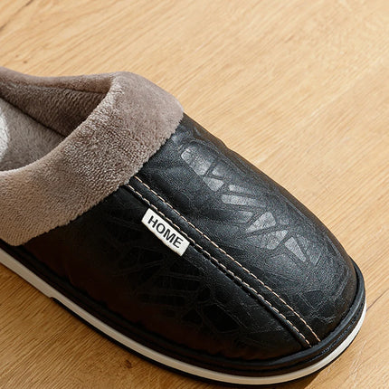 PU Leather Big Sizes Men slippers Indoor Waterproof Fur Flat Men's Winter Home Slipper Cotton Bedroom Houseshoes