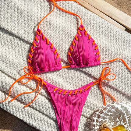 2025 Halter Wrinkled Weave Bikini Women Swimwear Female Swimsuit Two Pieces Bikini Set Brazilian Bathing Suit Swim Beach Wear