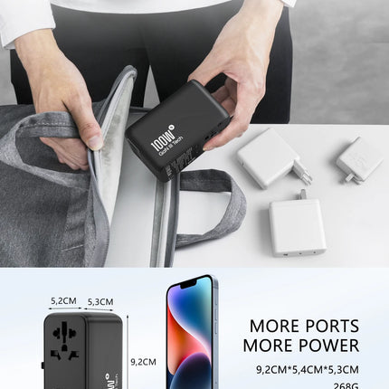 LENCENT 65W/100W GaN International Travel Adapter with 2USB 3 Type C GaN Fast Charging Adapter with EU AU US UK Plug for Travel