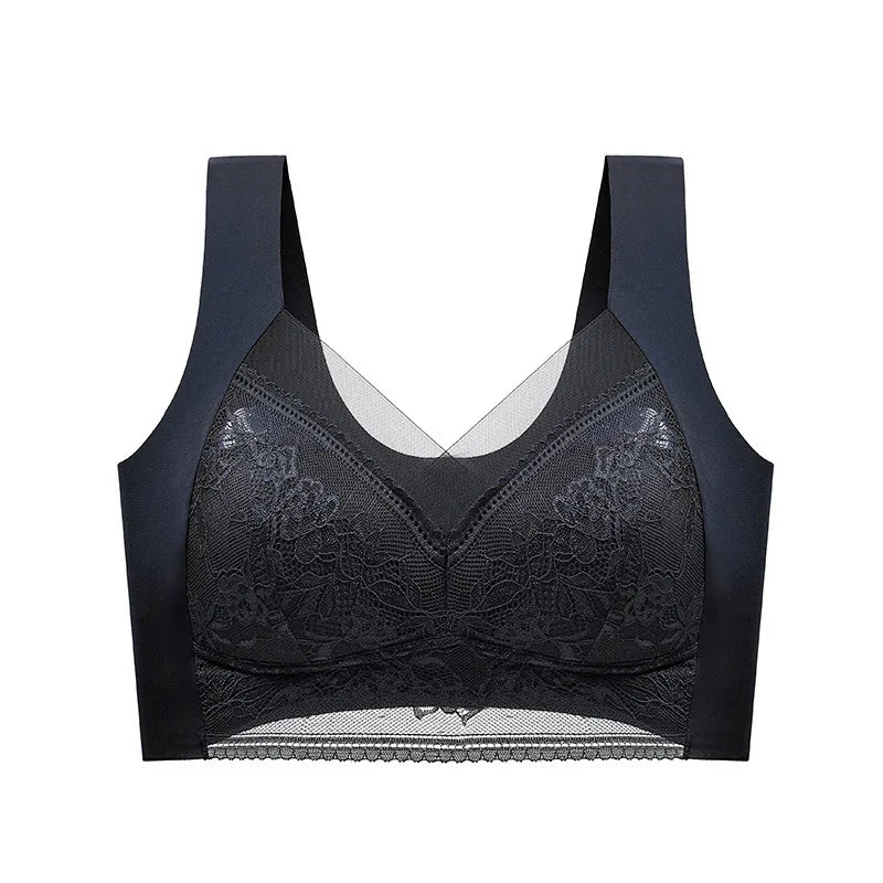 Sexy Lace Bras for Women Perspective Full Cup Solid Color Brassiere V-Neck Seamless Crop Top Female Push Up Breathable Lingerie