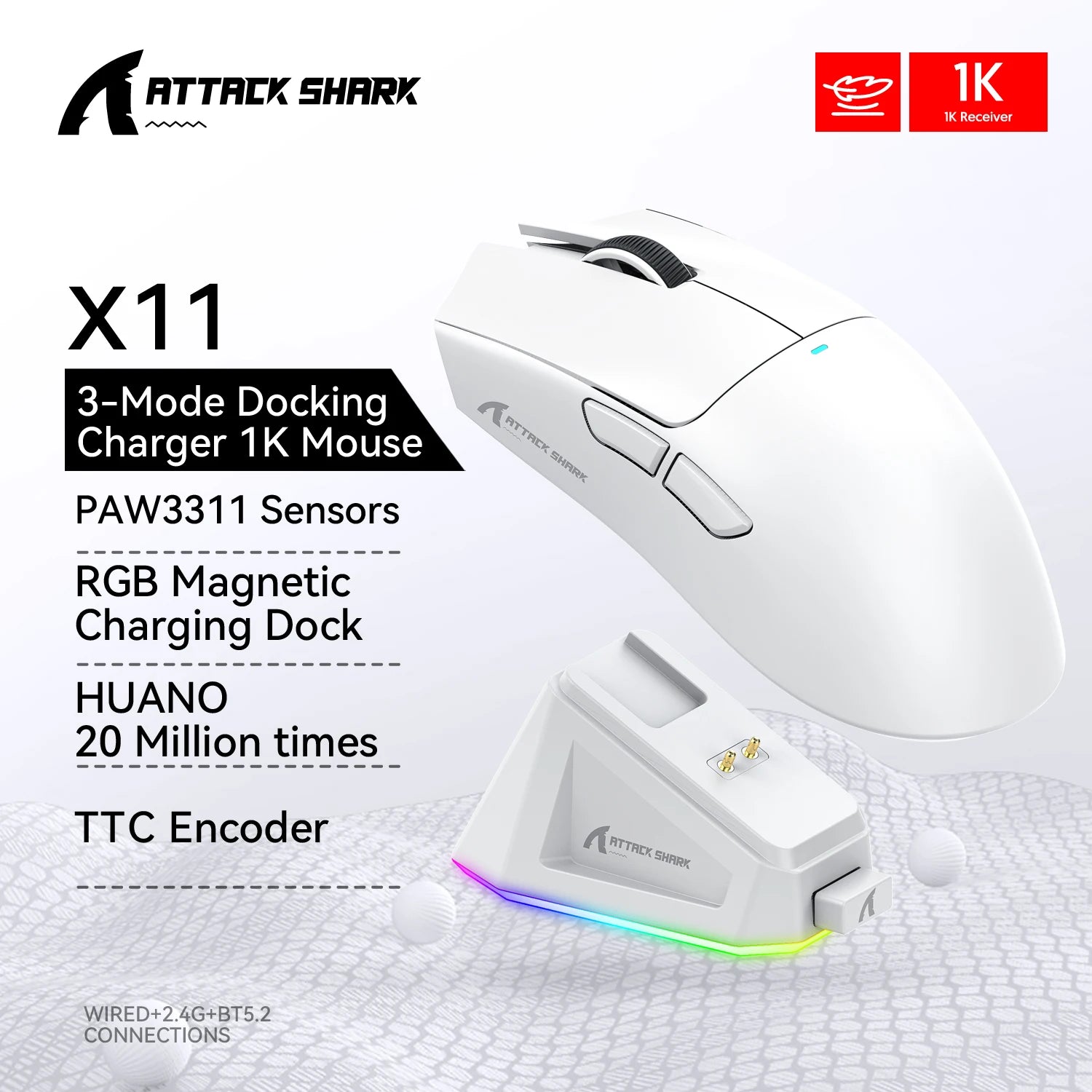 Attack Shark X11 Wireless Mouse,Tri-Mode Connection, PixArt PAW3311, Touch Magnetic Charging Base, Macro Gaming Mouse