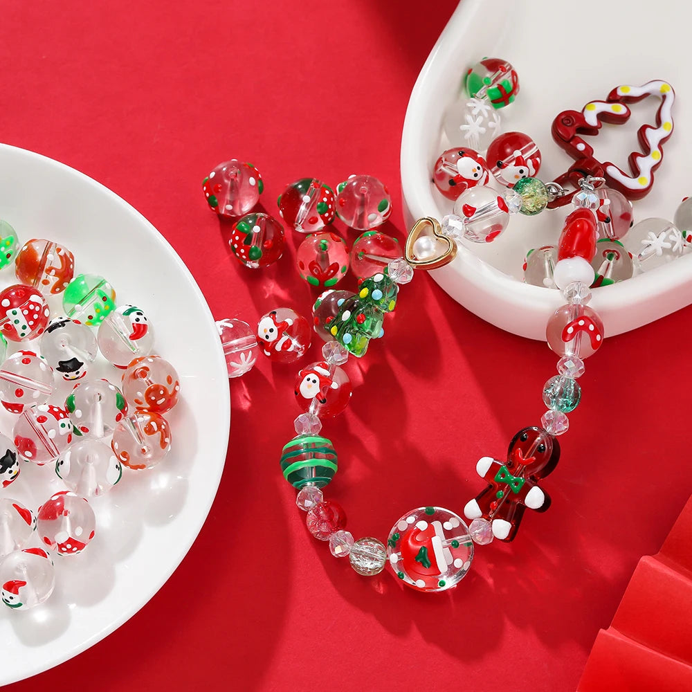 5pcs 12mm Glass Round Beads Christmas Tree Hat Spacer Bead for Keychain Christmas Decoration DIY Jewelry Making Supplies