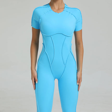 Women's One-Piece Suit Zipper Short Sleeve Gym Push Up Workout Clothes Fitness Short Bodysuit Sportswear Jumpsuits