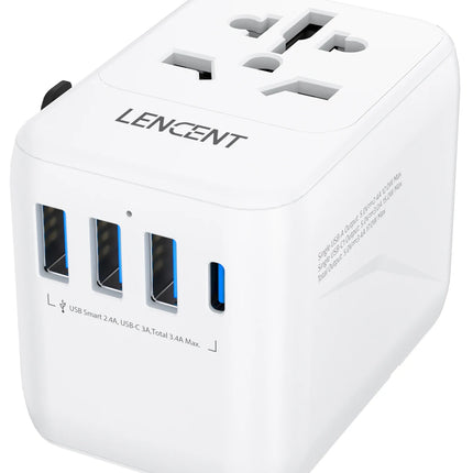 LENCENT Universal Travel Adapter with 3 USB Ports 1Type-C PD Charging All-in-one Travel Adapter EU/UK/USA/AUS Plug for Travel