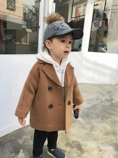 Autumn Winter Boys Fashion Jacket Solid Color Lapel Double-Breasted Long Woollen Overcoat For 2-6 Years Boys Handsome Outwear
