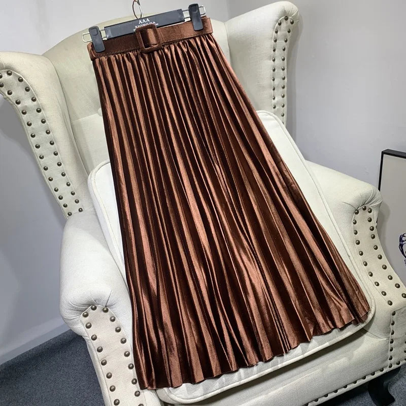 Seoulish Autumn Winter Women's Velvet Pleated Skirts with Belted New 2023 High Waist Solid Korean Style Chic Long Skirts Female