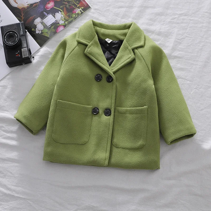 Autumn Winter Boys Fashion Jacket Solid Color Lapel Double-Breasted Long Woollen Overcoat For 2-6 Years Boys Handsome Outwear