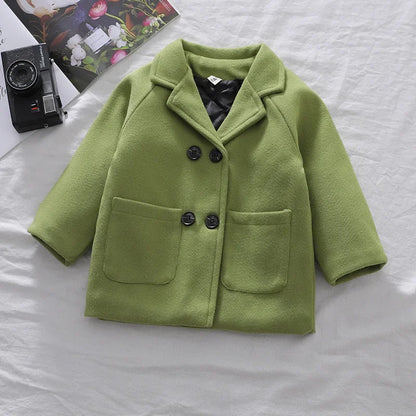 Autumn Winter Boys Fashion Jacket Solid Color Lapel Double-Breasted Long Woollen Overcoat For 2-6 Years Boys Handsome Outwear