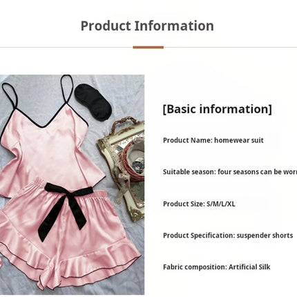 Women's Smooth Satin Pajamas V-Neck T-Shirt Ruffled Edges And Bow Shorts Simple And Breathable Pajama Set Sling Home Clothing
