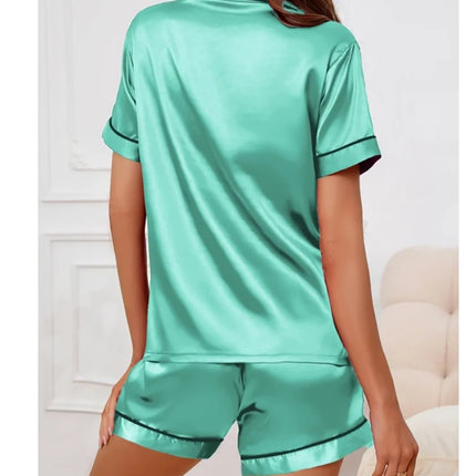 Womens Satin Pajamas Set Luxurious Short Sleeve Turn-down collar Button Top & Shorts Sleepwear & Loungewear for Summer Nightwear