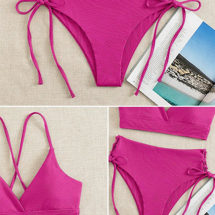 Cikini-V-Neck Split Bikini Set for Women, Sexy Swimsuit, Lace Up, Triangular Bikinis, Solid Color, Beach Swimwear, Bathing Suit