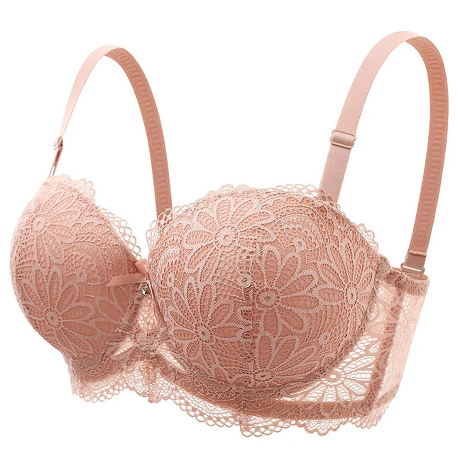 Lace Bra for Women Big Cup 1/2 Sexy Floral Underwire Underwear Ladies Push Up Thin Bra Half Cup 36-42C Black Gather Brassiere