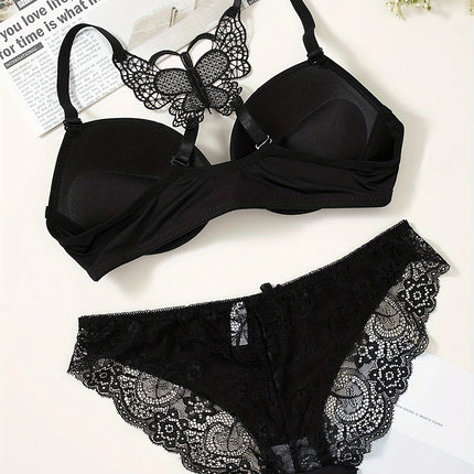 1 Piece Lace Stitching Bra   Panties Front Buckle Push Up Bra  Scallop Trim Panties Lingerie Set  Women's Lingerie Underwear