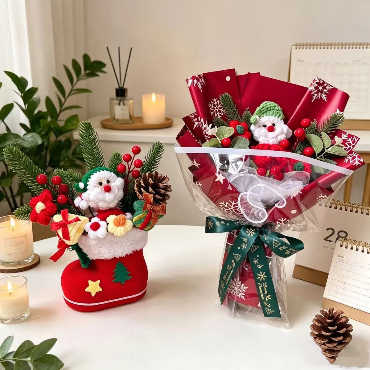 Santa Claus Plush Doll With Crochet Flowers Creative Christmas Day Handmade Bouquets Home Table Decora Pefect Gifts For Friends