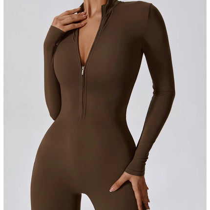 Yoga Boilersuit Long Sleeved Women's Sportswear Gym Zipper Jumpsuits Workout High-intensity Fitness One-piece Skin-tight Garment