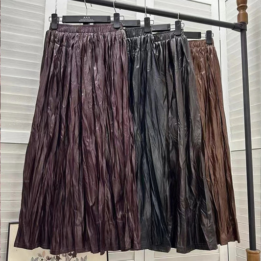 Seoulish Autumn Winter Vintage PU Women's Long Skirts Solid High Waist Korean Pleated Umbrella Skirts Female 2024 New