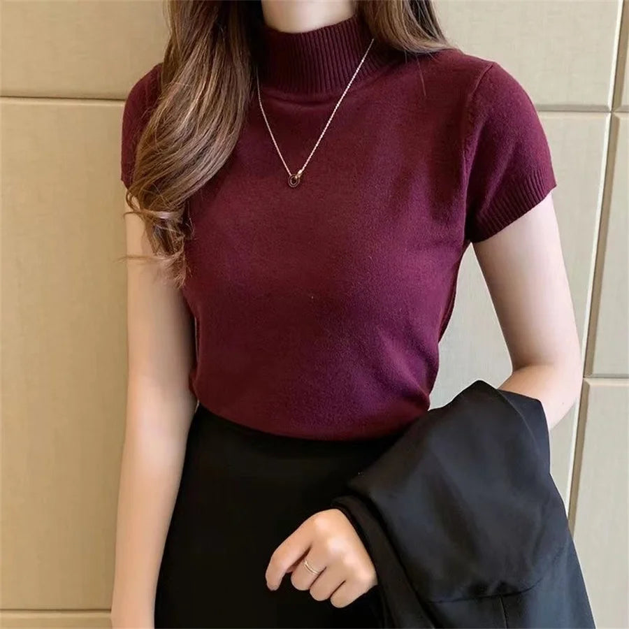 Fashion Woman Blouses Short Sleeve Summer Tops Blouse Women Turtleneck Knitted Blouse Shirt Women Tops Blouses DF4908